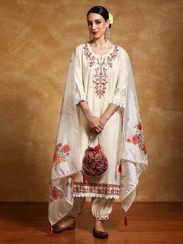 Varanga Women Floral Motif Thread Embroidered Yoke Kurta with Trouser & Dupatta